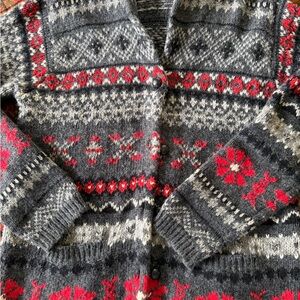 Marsh Landing Fair Isle Button-Front Cardigan in Charcoal and Red